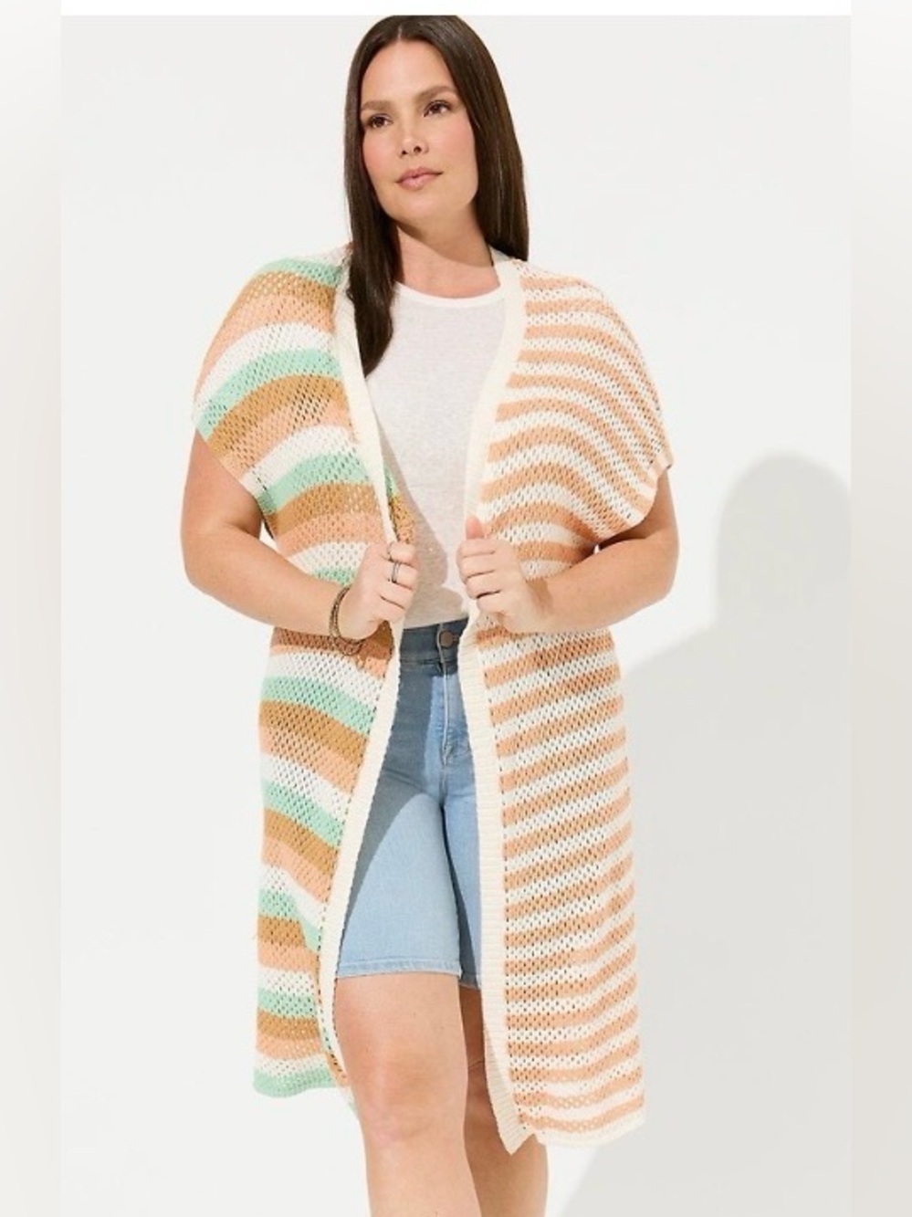 NWT Torrid Women’s Peach, Mint & White Striped Open Duster Vest Sweater Size 3/4